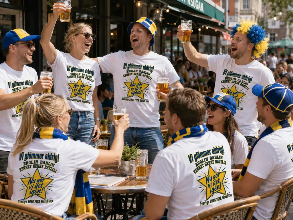 Supportergäng på uteservering i Sverige-tröjor