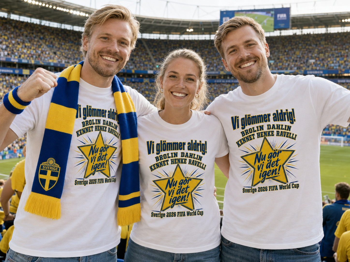 Supportrar på läktaren i gul sverigetröja