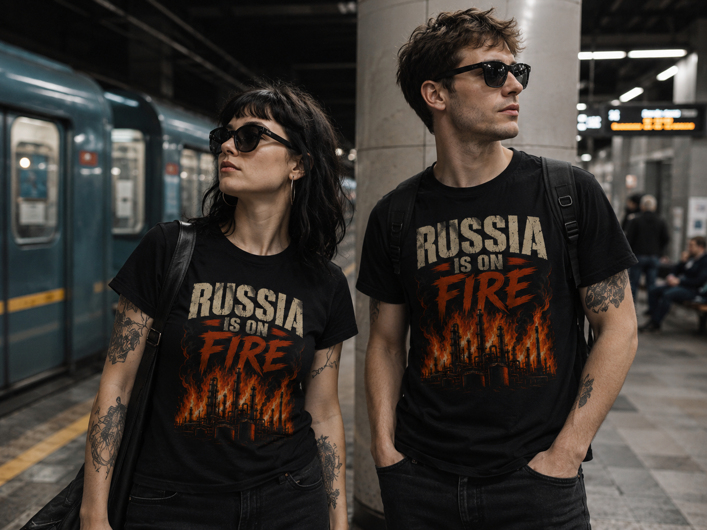 Couple wearing the Russia Is on Fire T-shirt at a metro station