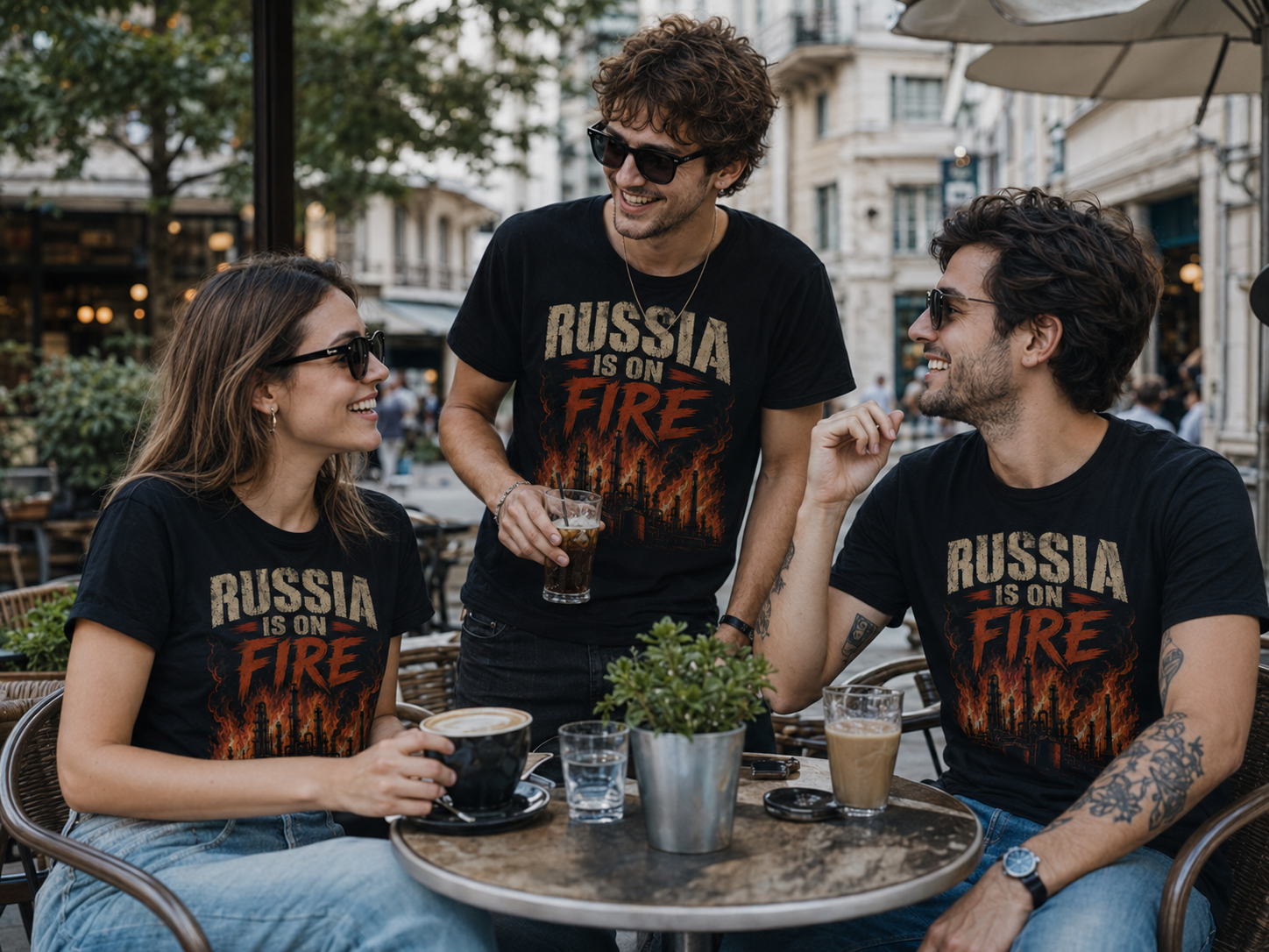 Friends wearing Russia Is on Fire T-shirts at a café